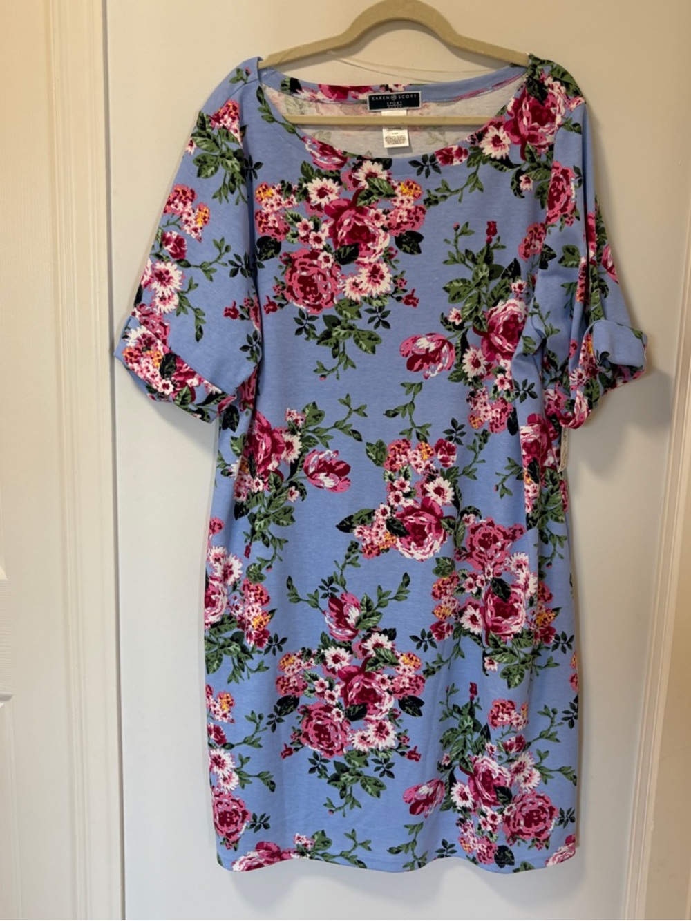 Karen Scott Dress Size 2XL Blue with Pink Floral Shirt Shift NWT
